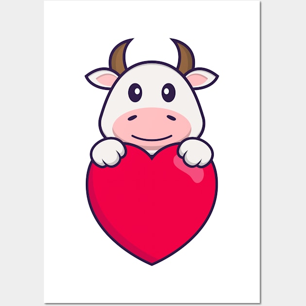 Cute cow holding a big red heart. Wall Art by kolega